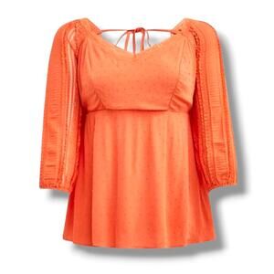 Torrid Plus Size 4X Orange Swiss Dot Babydoll Blouse Lace Sleeve Smocked Top